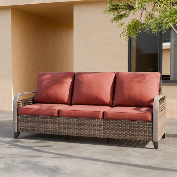 3 Seat Wicker Outdoor Patio Sofa Couch with Red Cushions