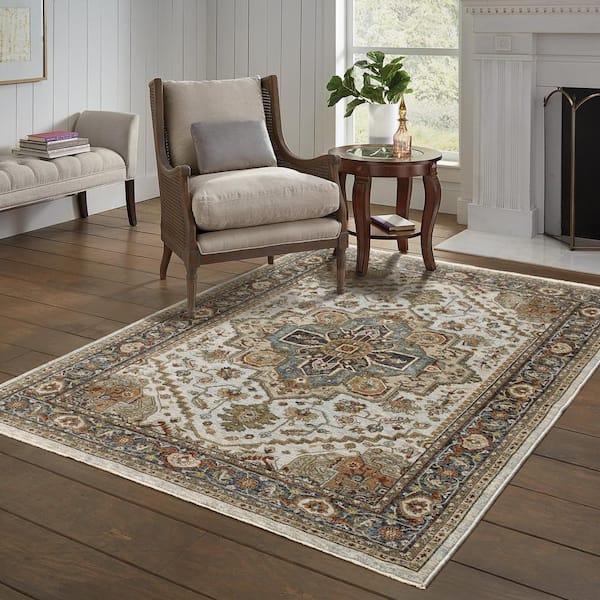 Ambrose Ivory Doormat 3 ft. x 5 ft. Traditional Oriental Medallion Polyester Fringe Edge Indoor Area Rug