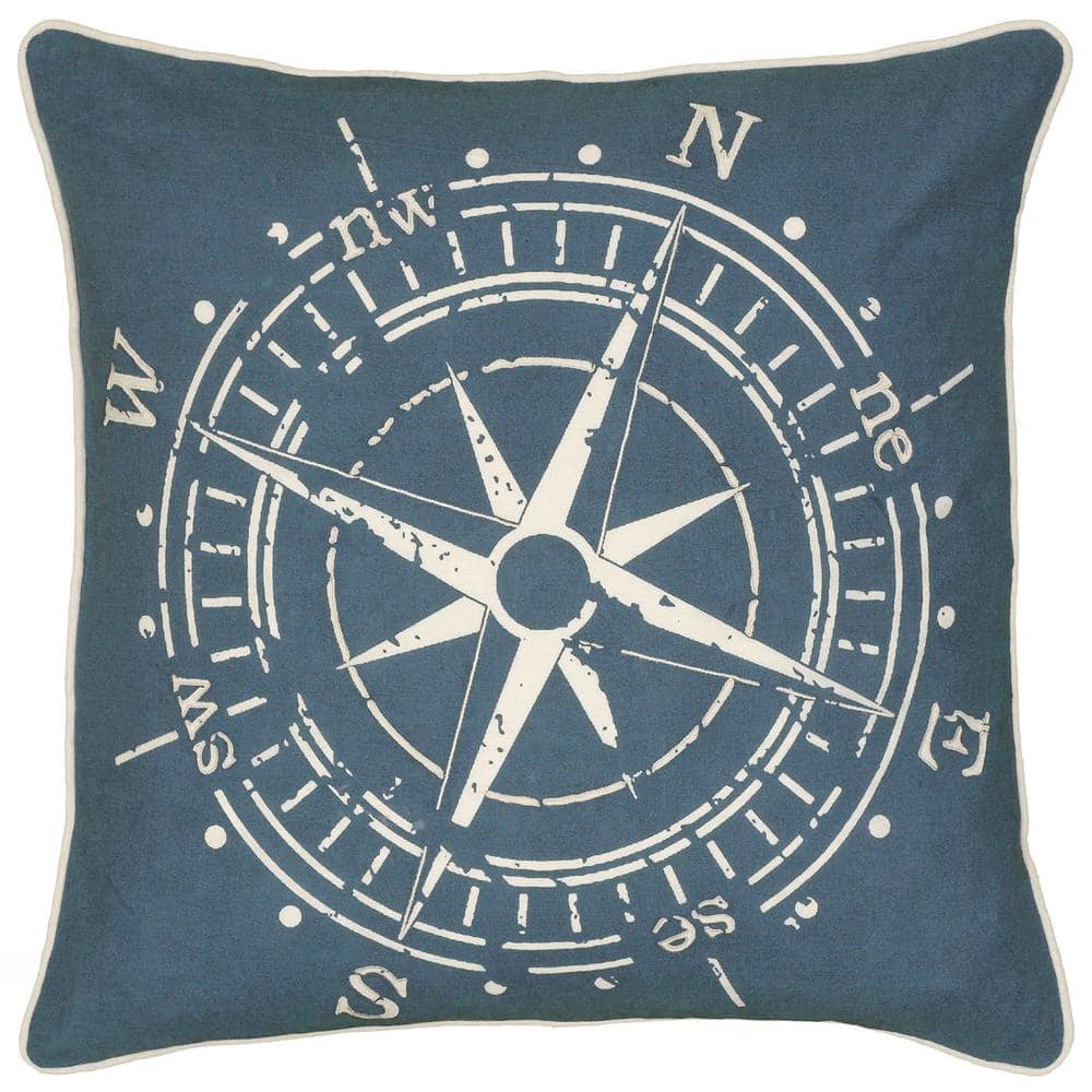 Navy/Beige Compass Designed Cotton Poly Filled 18 in. X 18 in. Decorative T