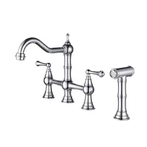 Double Handle Bridge Kitchen Faucet with Side Sprayer 4 Holes Brass Commercial Kitchen Sink Faucets in Polished Chrome