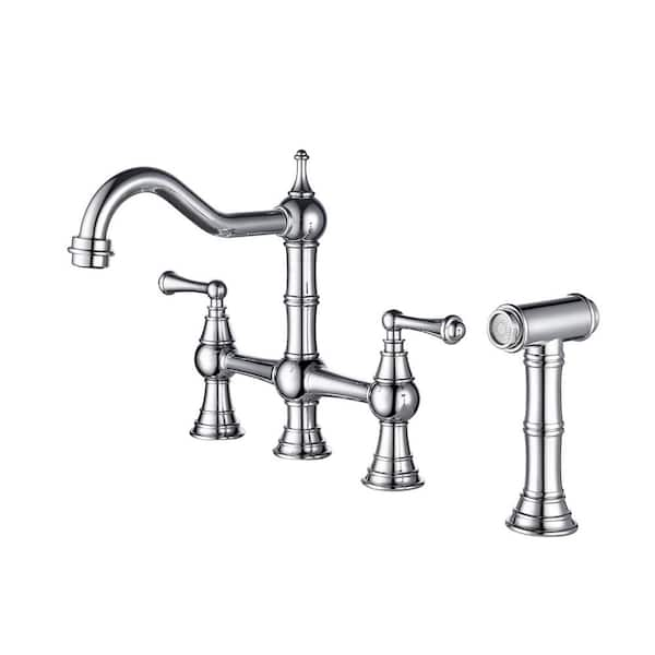 FLG Double Handle Bridge Kitchen Faucet With Side Sprayer 4 Holes Brass   Polished Chrome Bridge Kitchen Faucets Dd 0055 C 64 600 