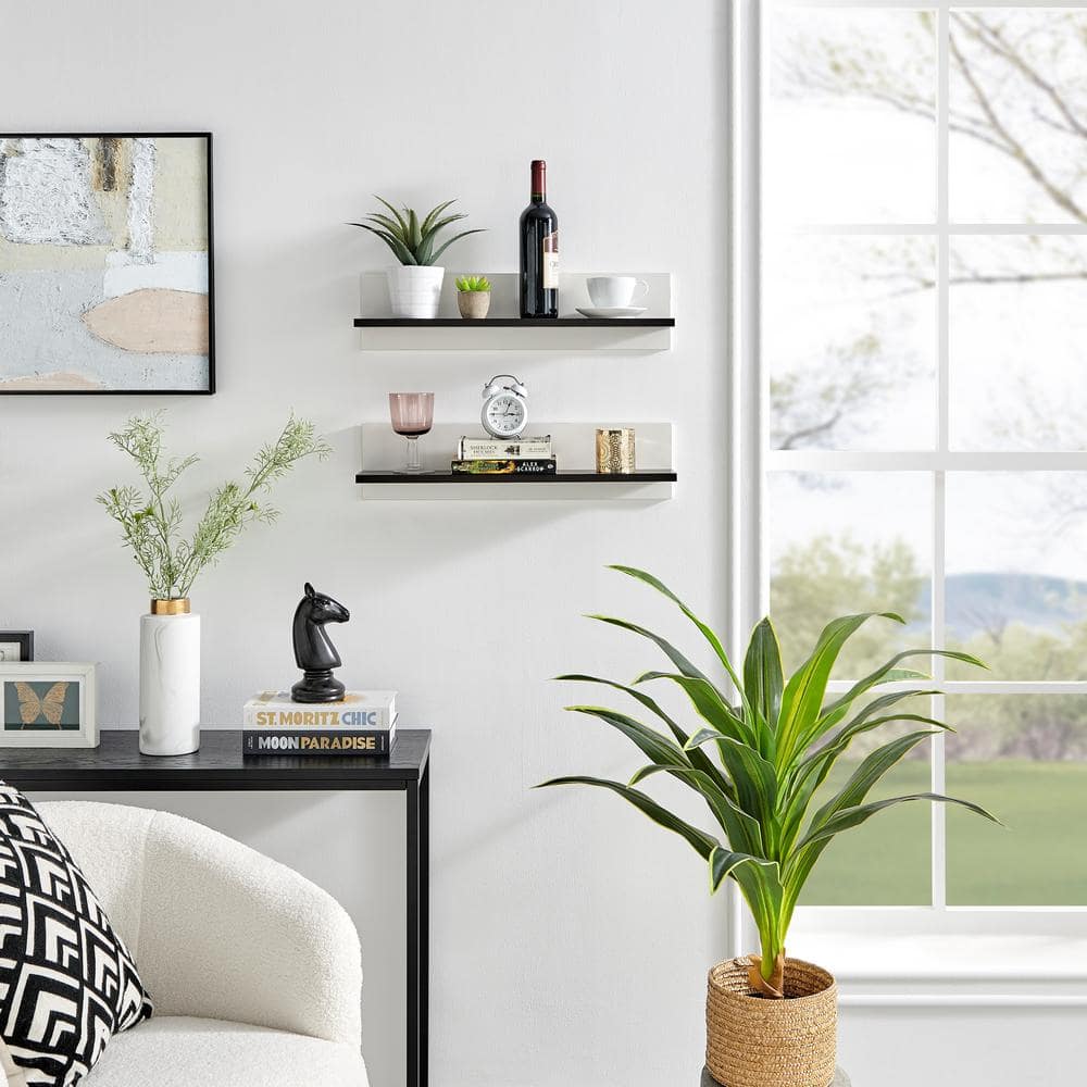 White and Dark Walnut Floating Wall Shelves Set of 2