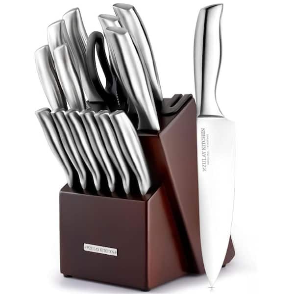 15-Piece Stainless Steel Kitchen Knife Set with Block and Built-In Sharpener