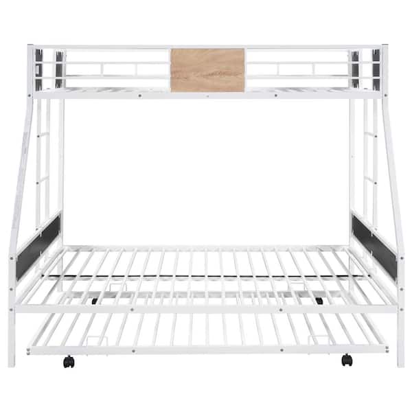 ANBAZAR White Twin Over Full 2 Kids Bunk Beds with Trundle, Metal Bunk Bed Frame with Safety Rail and 2 Ladders for Bedroom