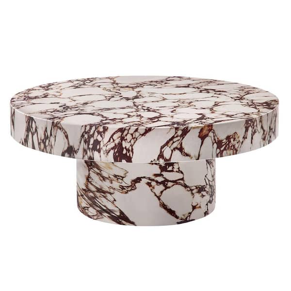 MODWAY Alora Round Concrete Coffee Table with Faux Stone Finish in Red Marble-Cement Accent Table for Living Room