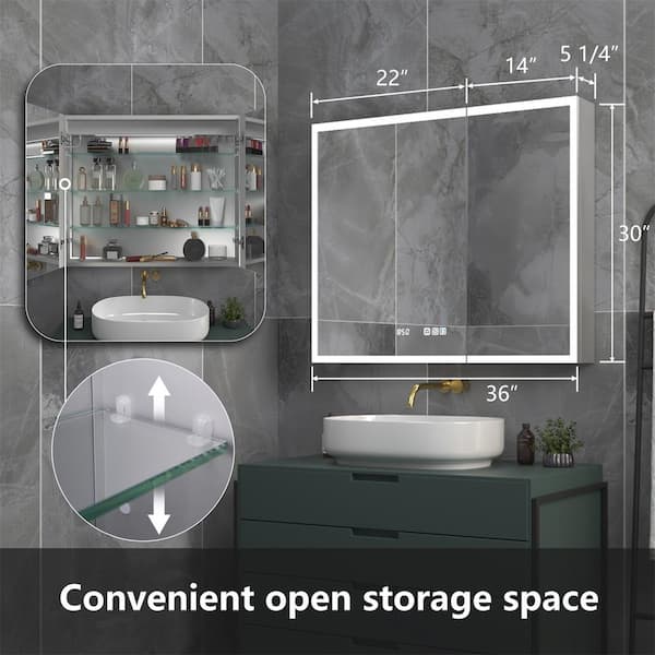 36 in. W x 30 in. H Rectangular Silver Aluminum Recessed/Surface Mount Medicine Cabinet with Mirror, LED and Clock