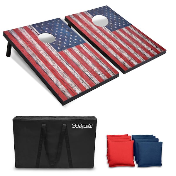 GOSPORTS 3 ft. x 2 ft. American Flag Cornhole Set with Weathered Wood Design Carrying Case