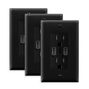 15 Amp Decorator Tamper-Resistant Duplex Outlet with Three Type A and C USB Charging Ports, Black (3-Pack)