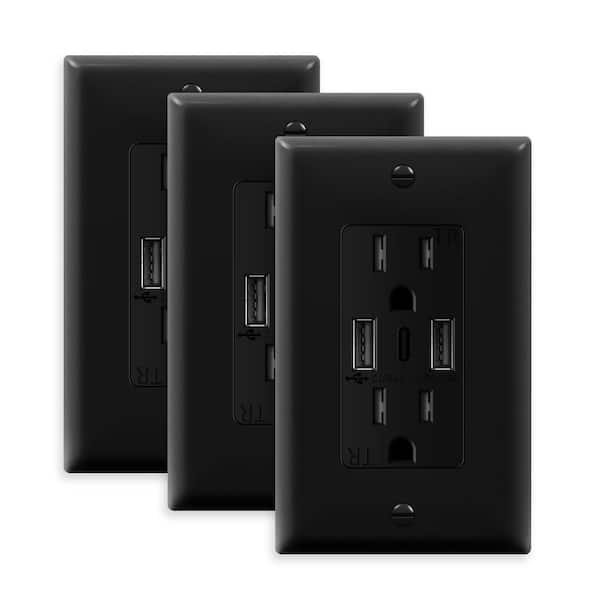TOPGREENER 15 Amp Decorator Tamper-Resistant Duplex Outlet with Three Type A and C USB Charging Ports, Black (3-Pack)
