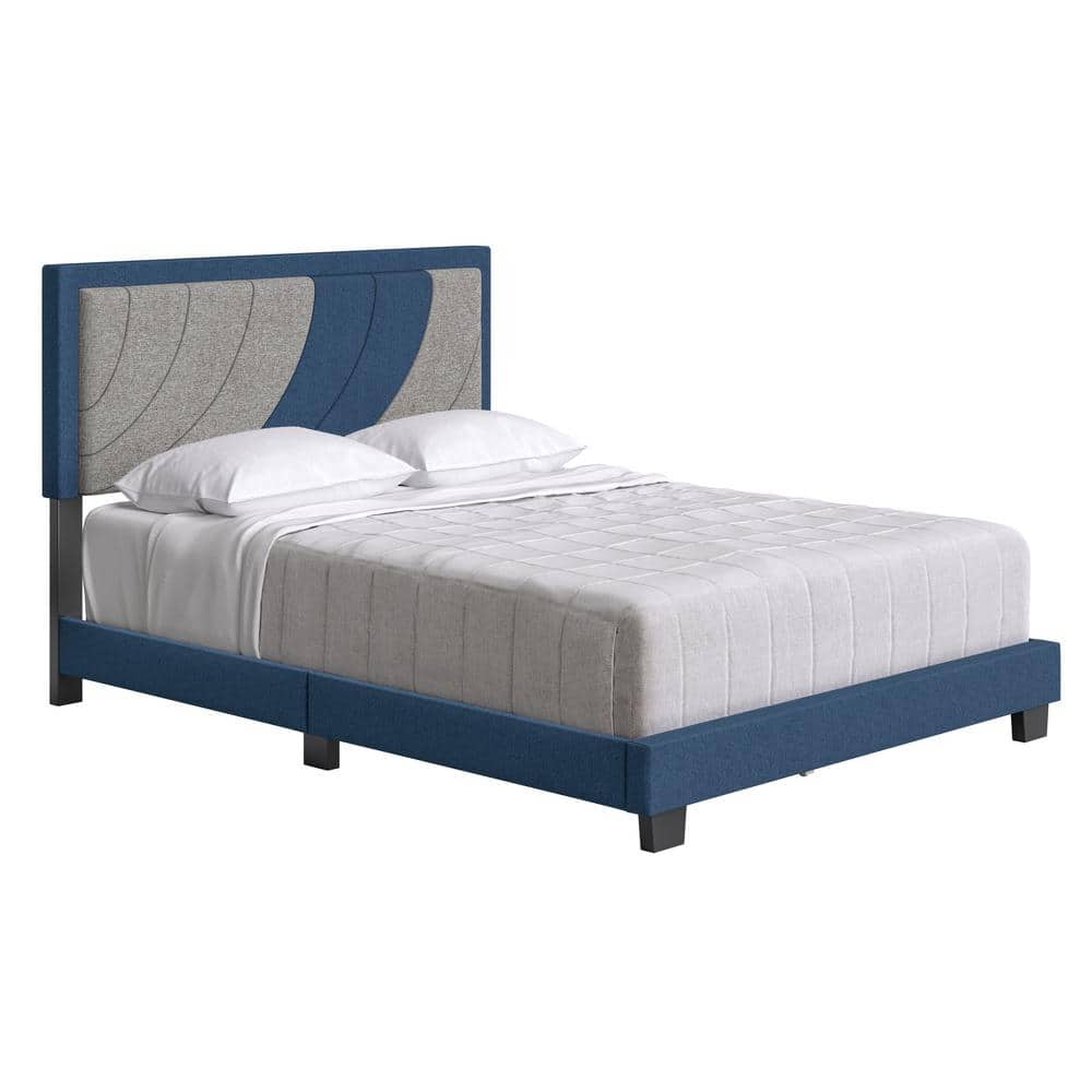 Full Blue and Gray Linen Upholstered Platform Bed with Headboard