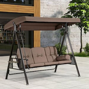 3-Person Steel Metal Patio Swing with Foldable Side Table, Canopy and Cushions, Beige