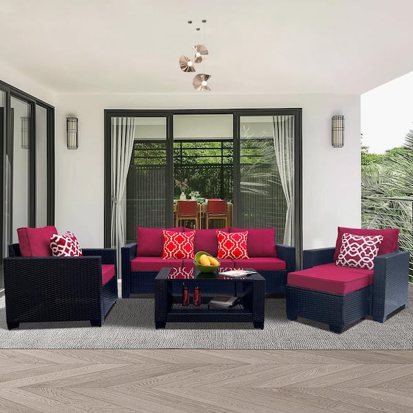 FORCLOVER 7-Piece Black Wicker Patio Conversation Set with Red Cushion ...