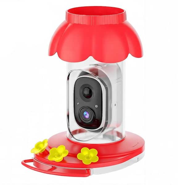 Red Plastic Hanging Smart Camera Bird Feeder Leak-Proof Ant Moat Hummingbird Feeder 20 oz. with 3 Perches 3 Ports