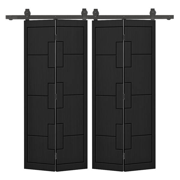 CALHOME 48 in. x 84 in. Black Painted MDF Composite Modern Bi-Fold Hollow Core Double Barn Door with Sliding Hardware Kit
