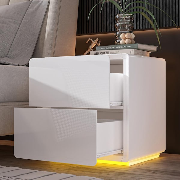 White Glossy Finished 2-Drawers 19.6 in. W, Exquisite Rectangle End Table, Nightstand, with Smooth Lines and LED