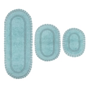 Hampton Crochet Reversible 100% Cotton Bath Rug Set, 3-Pcs Set with Runner, Aqua