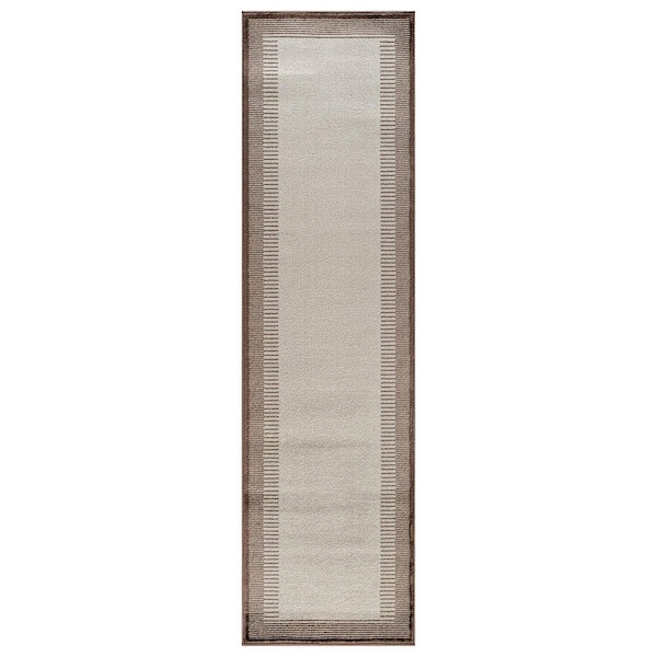 Modern Abstract Bordered Runner Rug for Living Room, Bedroom, or Entryway 2 ft. x 8 ft. Brown