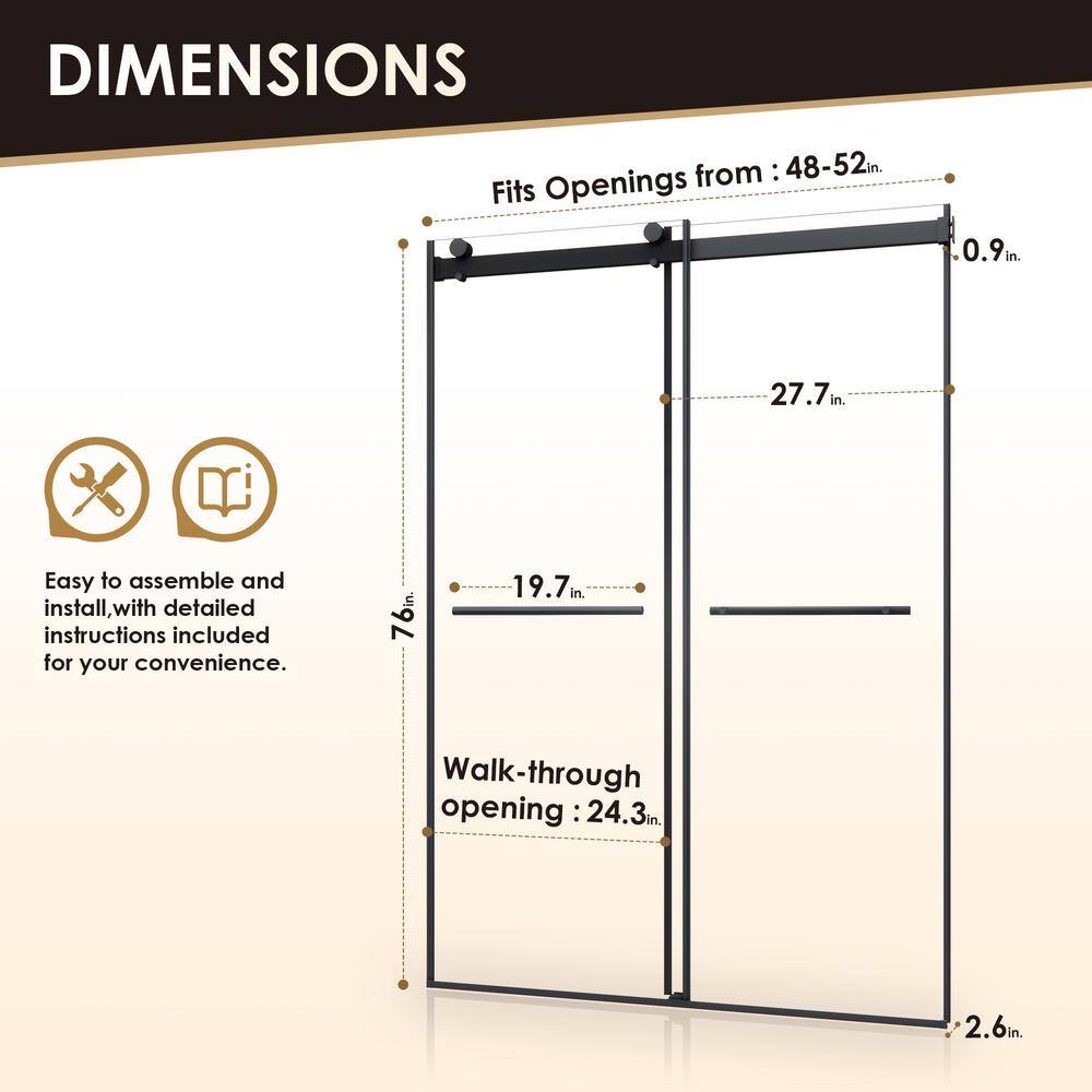 Belizzi 52" Matte Black Frameless Shower Door with Clear Glass