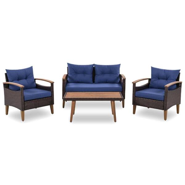 Unbranded Brown 4-Piece Rattan Wicker Outdoor Sectional Set with Blue Cushions, Patio Sofa Set with Wood Table