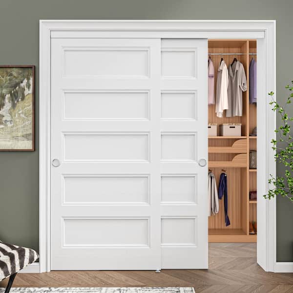 72 in. x 80 in. Paneled 5-Lite White Primed MDF Composite Sliding Door with Hardware