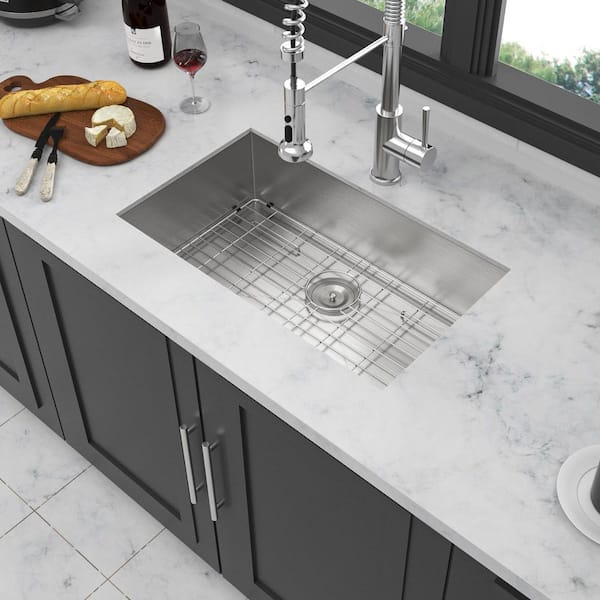 30 in. Undermount Single Bowl 16 Gauge Brushed Nickel Stainless Steel Kitchen Sink with Bottom Grids