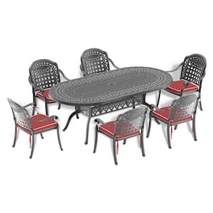 Elizabeth 7-Piece Cast Aluminum Oval Outdoor Dining Set with Random Color Cushion