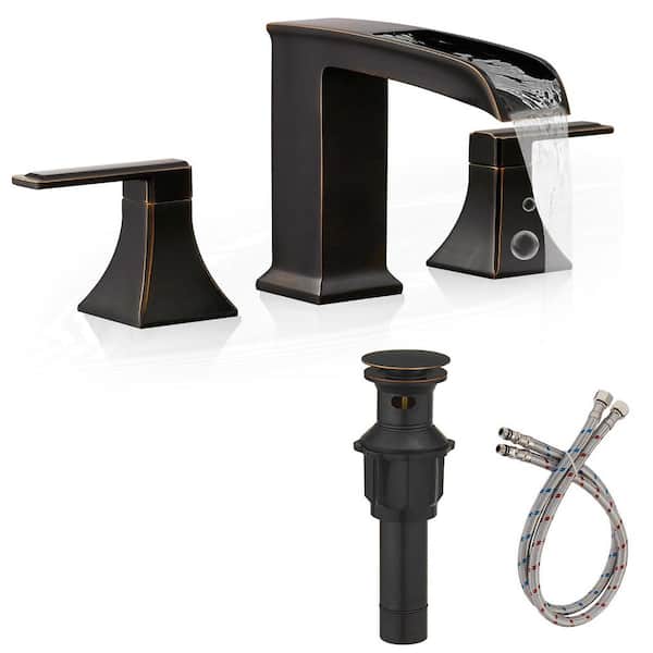 8 in. Widespread 2-Handle Waterfall Spout Bathroom Sink Faucet with Pop-Up Drain and Supply Lines in Oil Rubbed Bronze