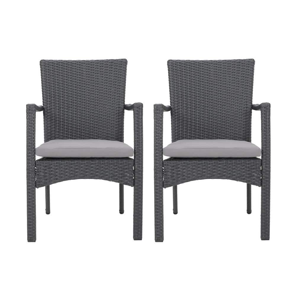 Gray Wicker Outdoor Dining Chair Set with Cushions