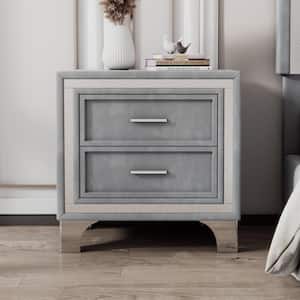Gray Nightstand with 2-Drawer, Metal Legs for Bedroom, Fully Assembled Except Legs and Handles