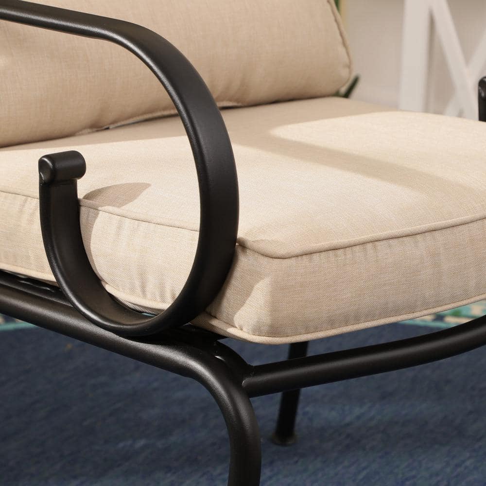 Black Steel Arm Dining Chairs with Beige Cushions, Set of Two
