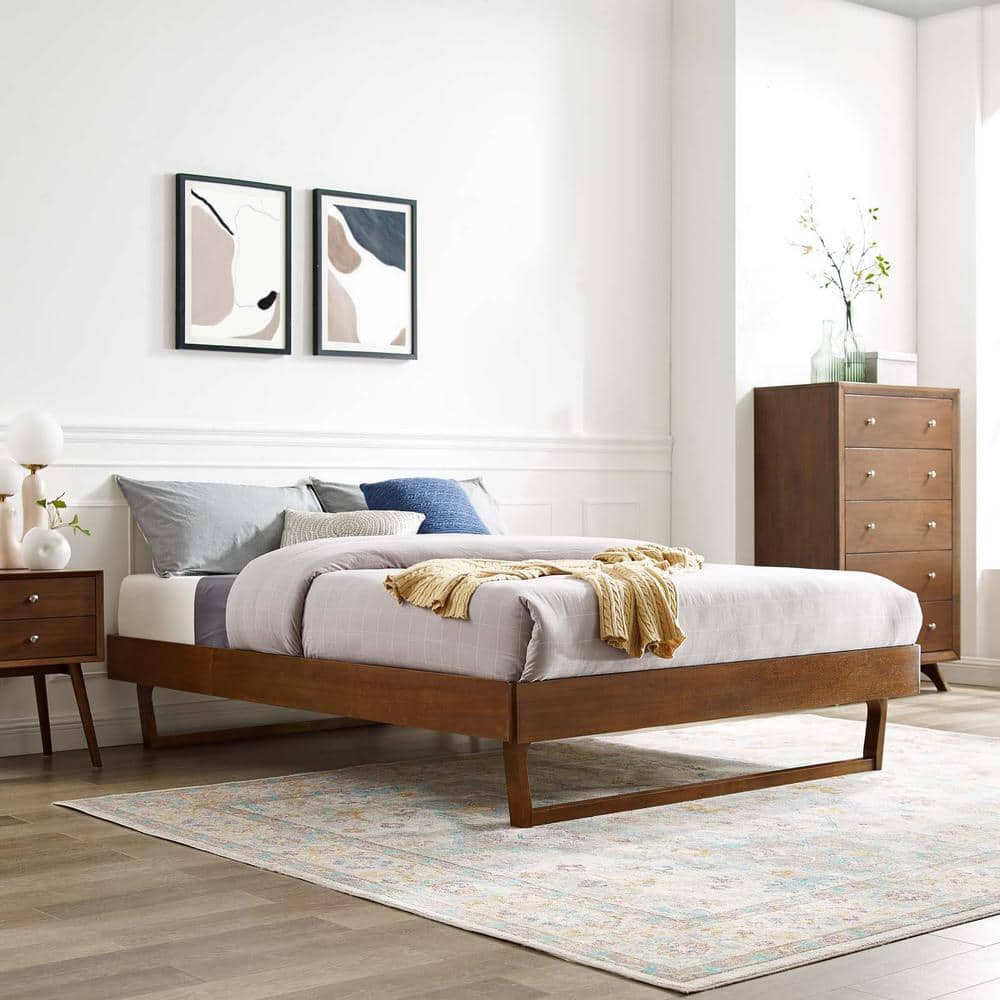 Mid-Century Modern King Platform Bed Frame in Walnut with Interchangeable Headboards