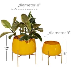 10 in., and 8 in. Small Yellow Metal Indoor Outdoor Planter with Removable Stand (2- Pack)