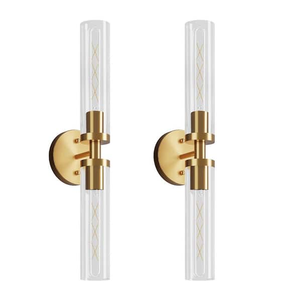 22 in. Modern 2-light Gold Clear Glass Wall Sconces Vanity Light for Bathroom Mirror Hallway (Set of 2)