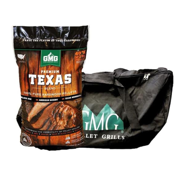 Texas BBQ Blend Pellets and Tote Combo-GMG Premium Black Oak, Hickory, Mesquite-28 lb. Bag + GMG-6014 Tote