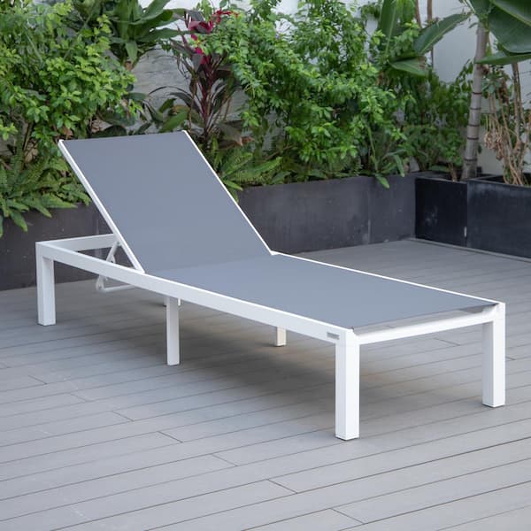 Leisuremod Marlin Outdoor Patio Chaise Lounge Chair in White Aluminum Reclining Backrest Mesh Sling Fabric Seat in Dark Grey