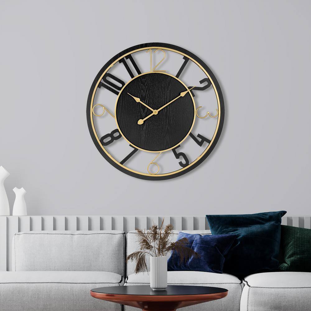 Sorbus 24" Black and Gold Wooden Wall Clock with Roman Numerals