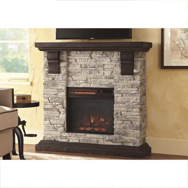 Home Decorators Collection Highland 40 in. Freestanding Faux Stone Electric Fireplace TV Stand in Gray with Mantel