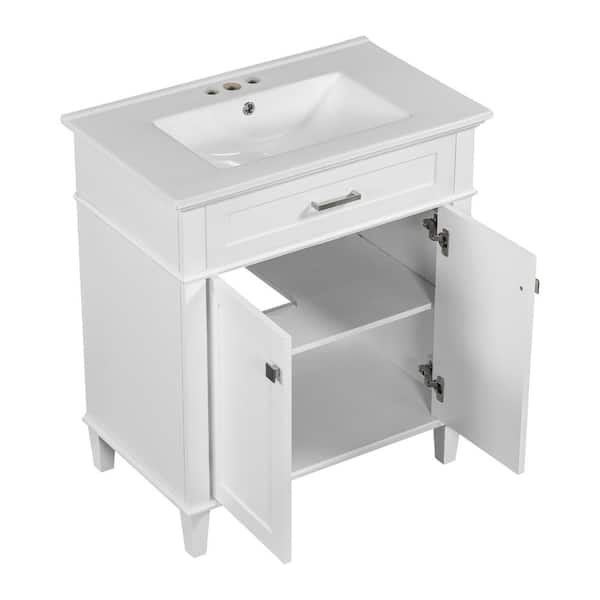 30.1 in. W x 18.3 in. D x 33.9 in. H Single Sink Freestanding White Bath Vanity with White Ceramic Top
