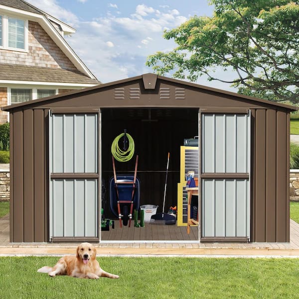 11 ft. W x 12.5 ft. D Outdoor Metal Shed Tool Storage with Galvanized Steel Frame, Windows, Brown (137.5 sq. ft.)