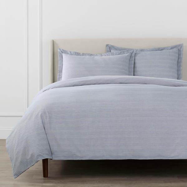 Home Decorators Collection Priscilla 3-Piece Washed Denim Striped Cotton Seersucker Full/Queen Duvet Cover Set