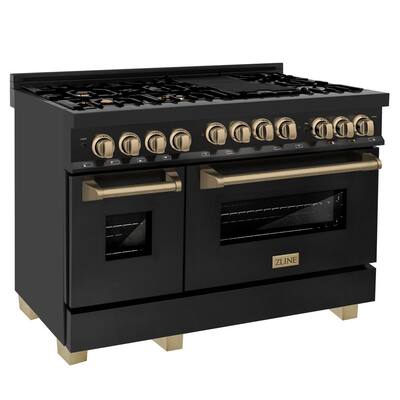 ZLINE Autograph Edition 48 in. 6.0 cu. ft. Double Oven Gas Range in Black Stainless Steel with Champagne Bronze Accents