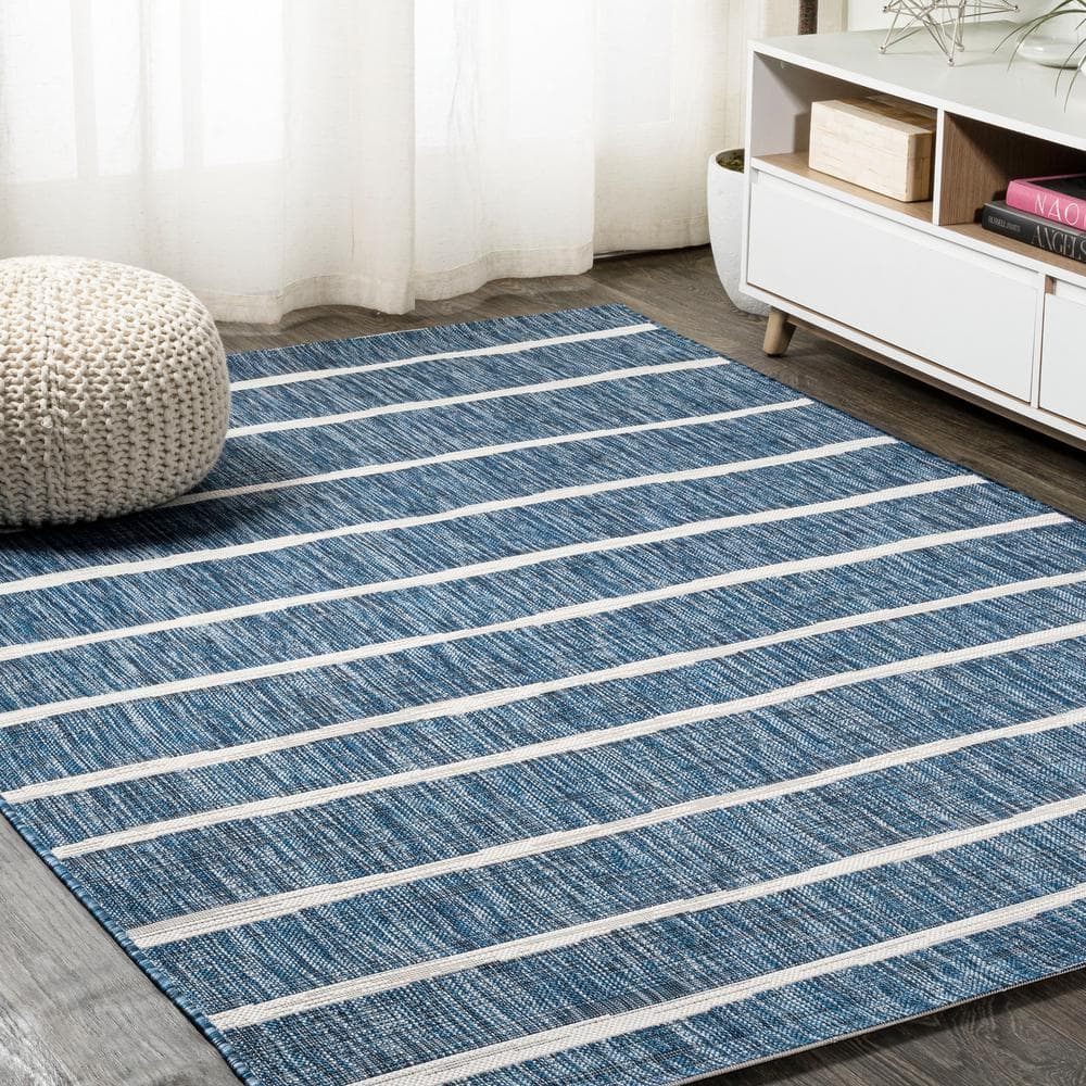 Blue and Ivory Striped Synthetic Reversible Area Rug