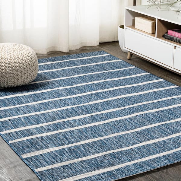 JONATHAN Y Colonia Berber Stripe Blue/Ivory 4 ft. x 6 ft. Indoor/Outdoor Area Rug