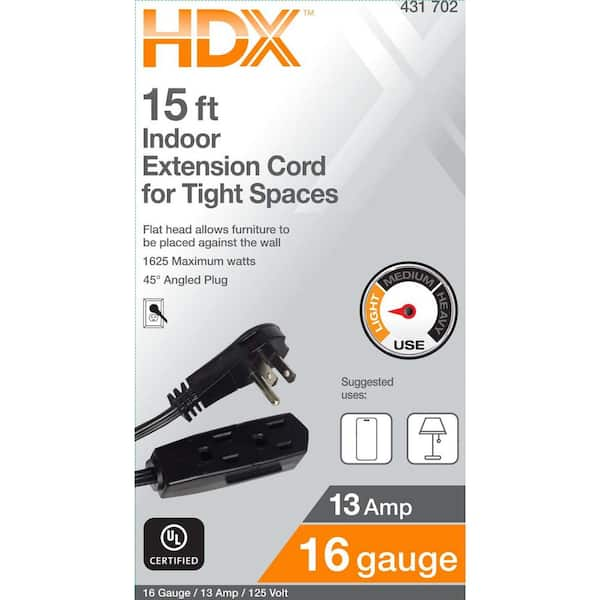 HDX 15 ft. 16/3 Indoor/Outdoor Extension Cord, Black SJTW16315BL - The Home  Depot