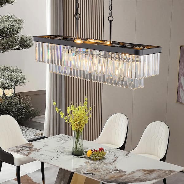 Crysia 34 in. 11-Light Black Linear Rectangular Crystal Chandelier for Kitchen Island Dining Room