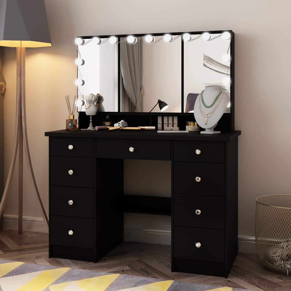Black Modern Makeup Vanity Desk 9-Drawers Wood Dressing Table With 3-Mirrors, Hidden Storage Shelves, LED Bulb Lights - thumbnail 2