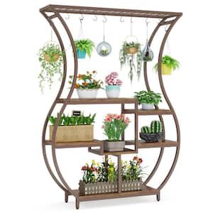 Eileen 71 in. Tall Brown Wooden Indoor Plant Stand, 6-Tier Bonsai Flower Rack with 10 Hanging Hooks