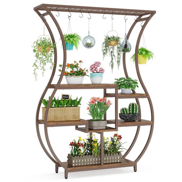 TRIBESIGNS WAY TO ORIGIN Eileen 71 in. Tall Brown Wooden Indoor Plant Stand, 6-Tier Bonsai Flower Rack with 10 Hanging Hooks
