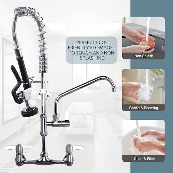 Commercial Triple Handle Wall Mount 25. Pull Down Sprayer Kitchen Faucet with Pre-Rinse Sprayer Solid Brass in Chrome