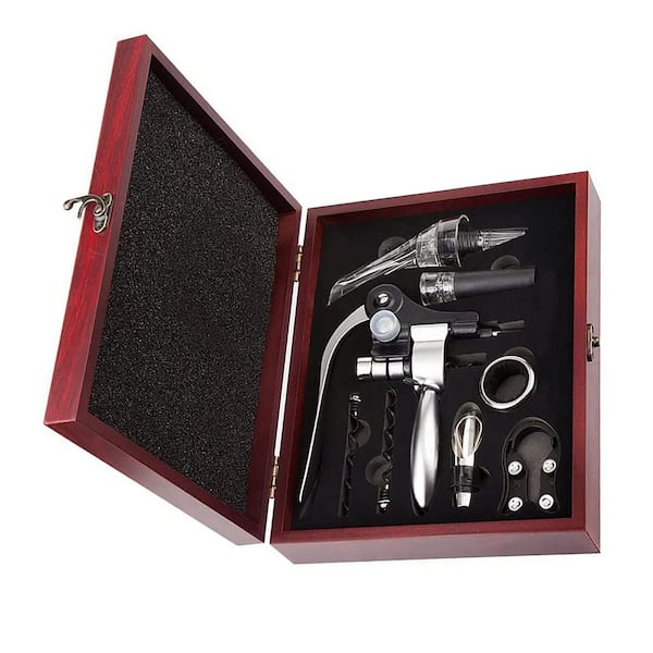 9-Piece Wine Accessories Set in Wooden Case - Includes Corkscrew, Foil Cutter, Pourer, Aerator, Stopper and More